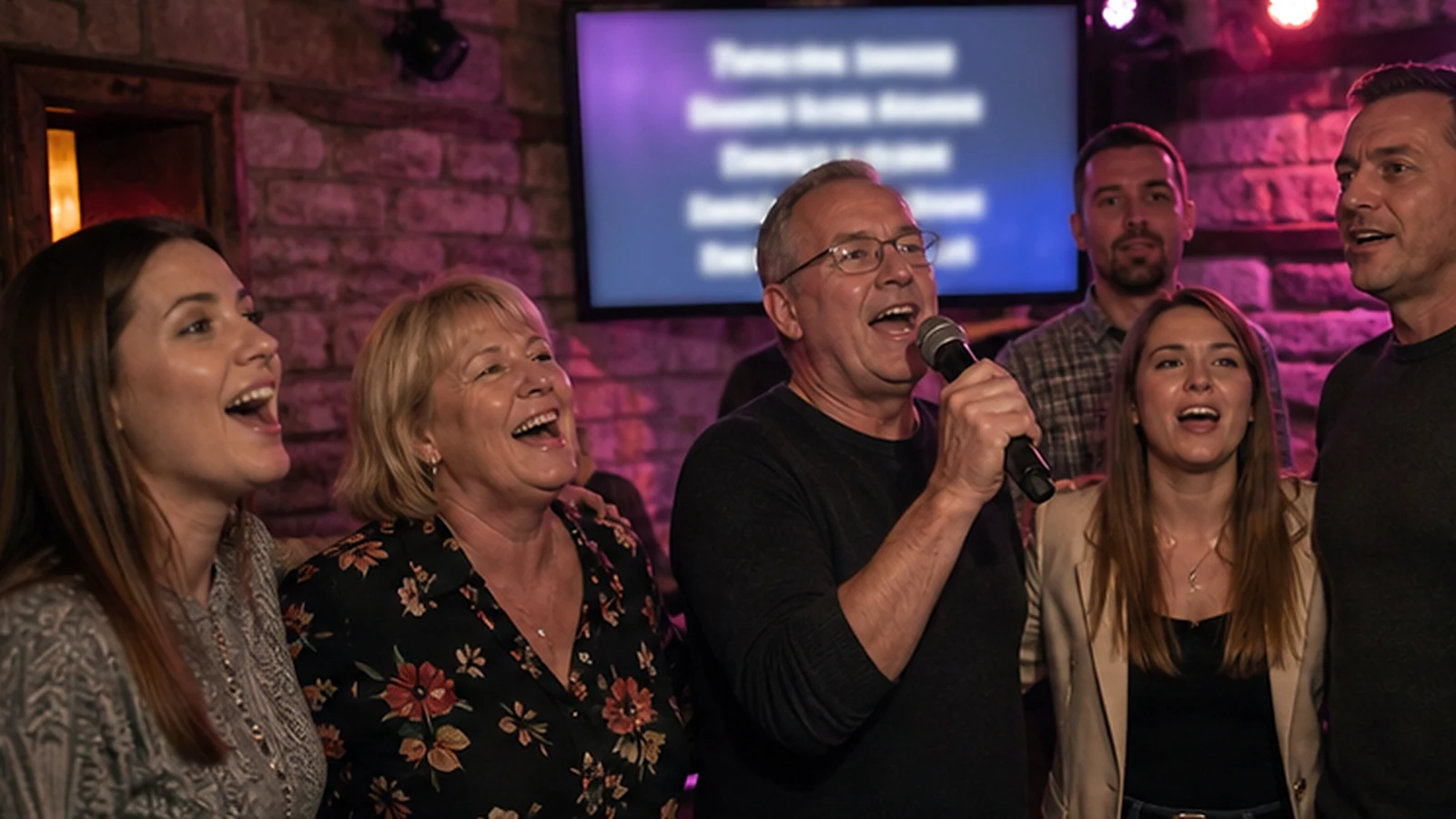 Mikrofon i zaslon s hrvatskim karaoke repertoarom bez vidljivih logotipa ili stihova