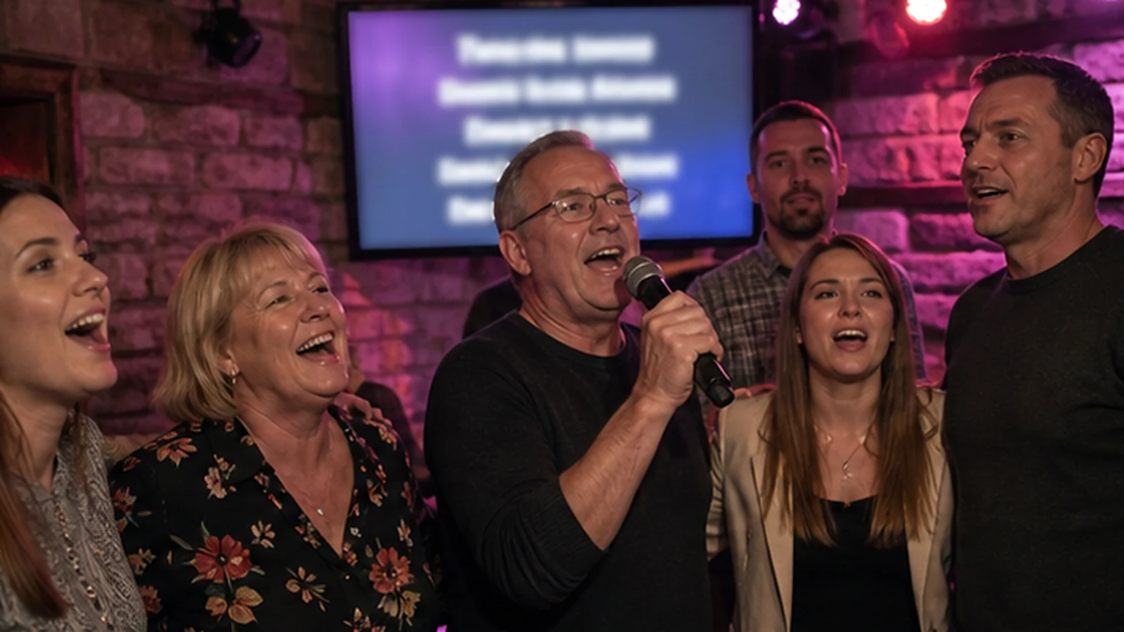 Mješovita skupina odraslih ljudi pjeva uz karaoke u prirodnom svjetlu