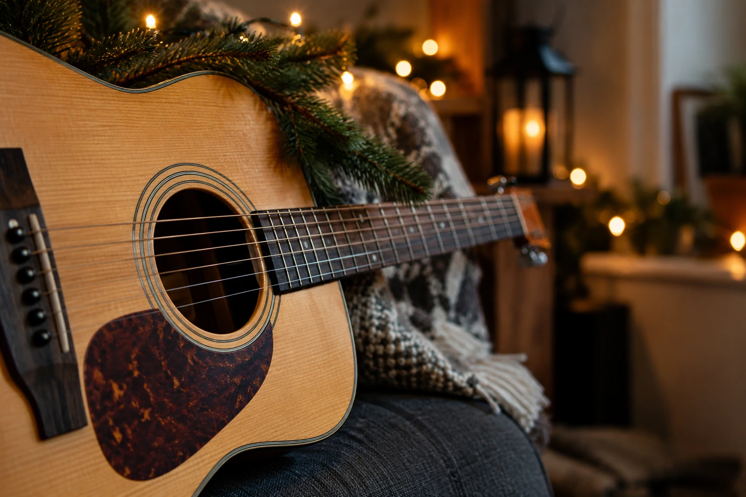 Akustična gitara uz zimzelenu grančicu i topla svjetla